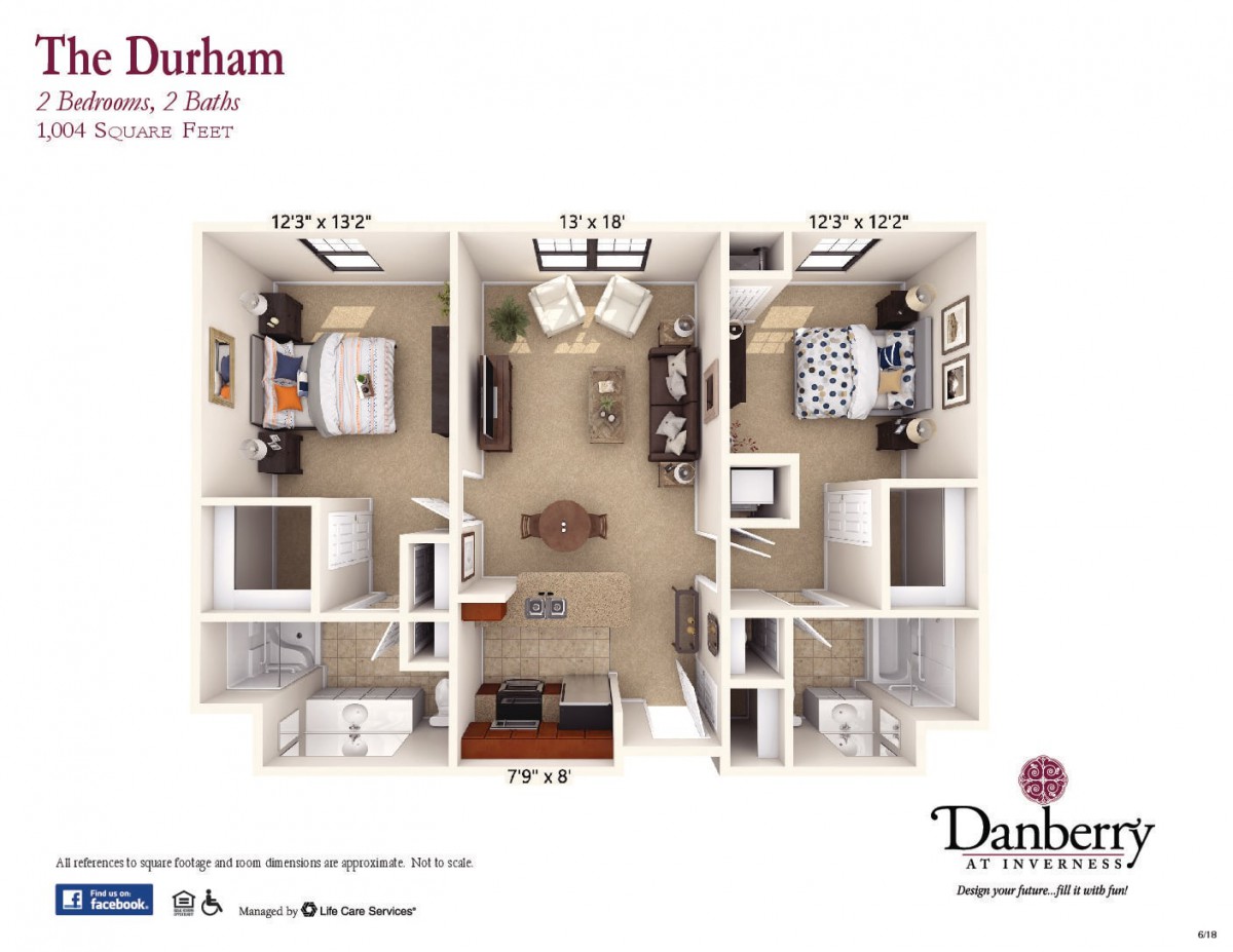 A detailed floor plan of a two-bedroom apartment with living room, kitchen, and bathrooms.