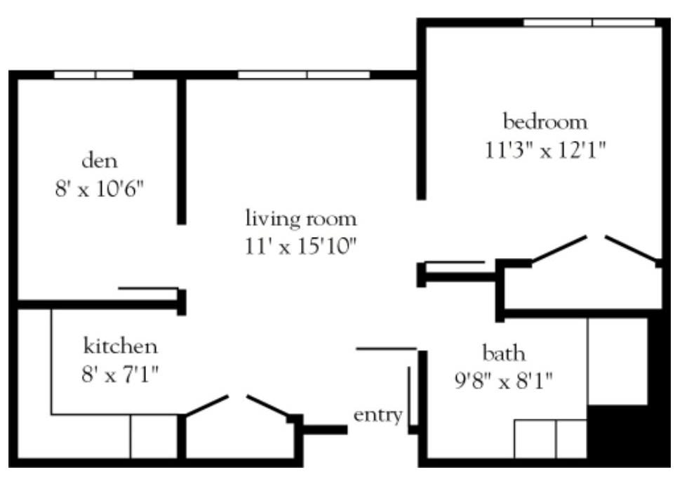 A simple floor plan depicting an apartment layout with labeled room dimensions.
