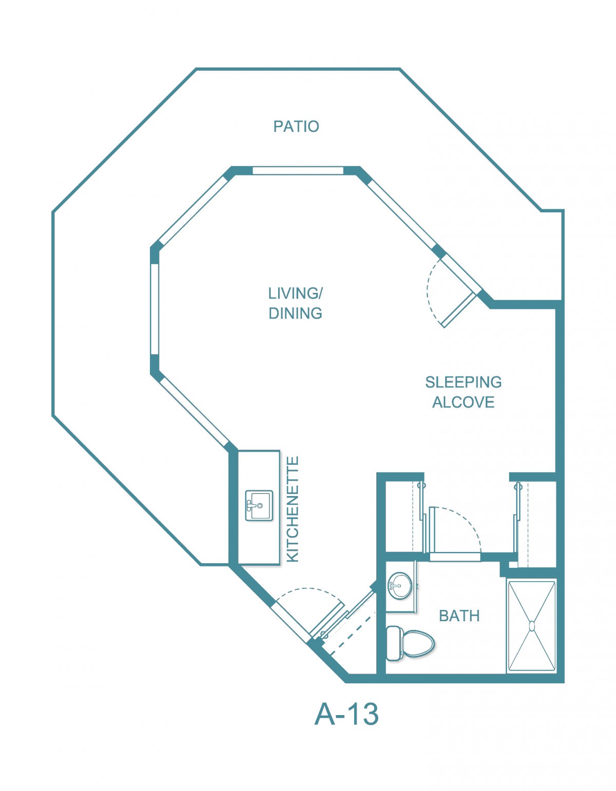 Studio apartment floor plan featuring a living/dining area, sleeping alcove, kitchen, bathroom, and patio.