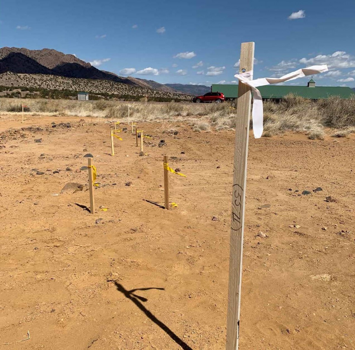 A construction site marked with stakes in a desert landscape with mountains in the background.