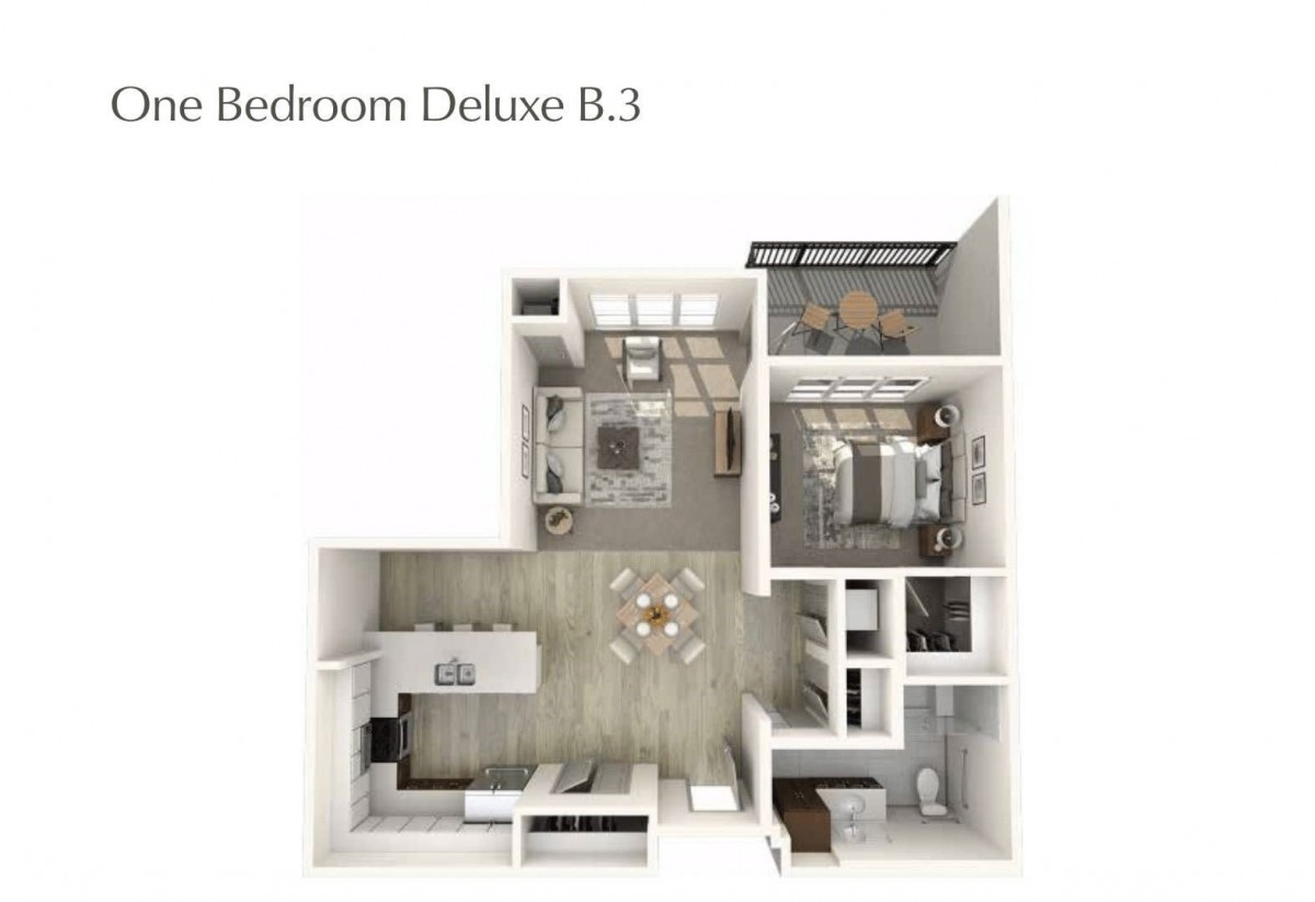 A detailed floor plan of a Bedroom Deluxe B.3 apartment layout featuring an open living area, kitchen, and two bedrooms.