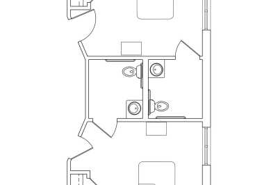 Architectural floor plan showing two adjacent bathrooms and surrounding rooms.