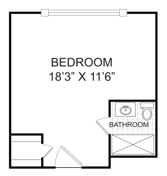 Floor plan of a bedroom with attached bathroom.