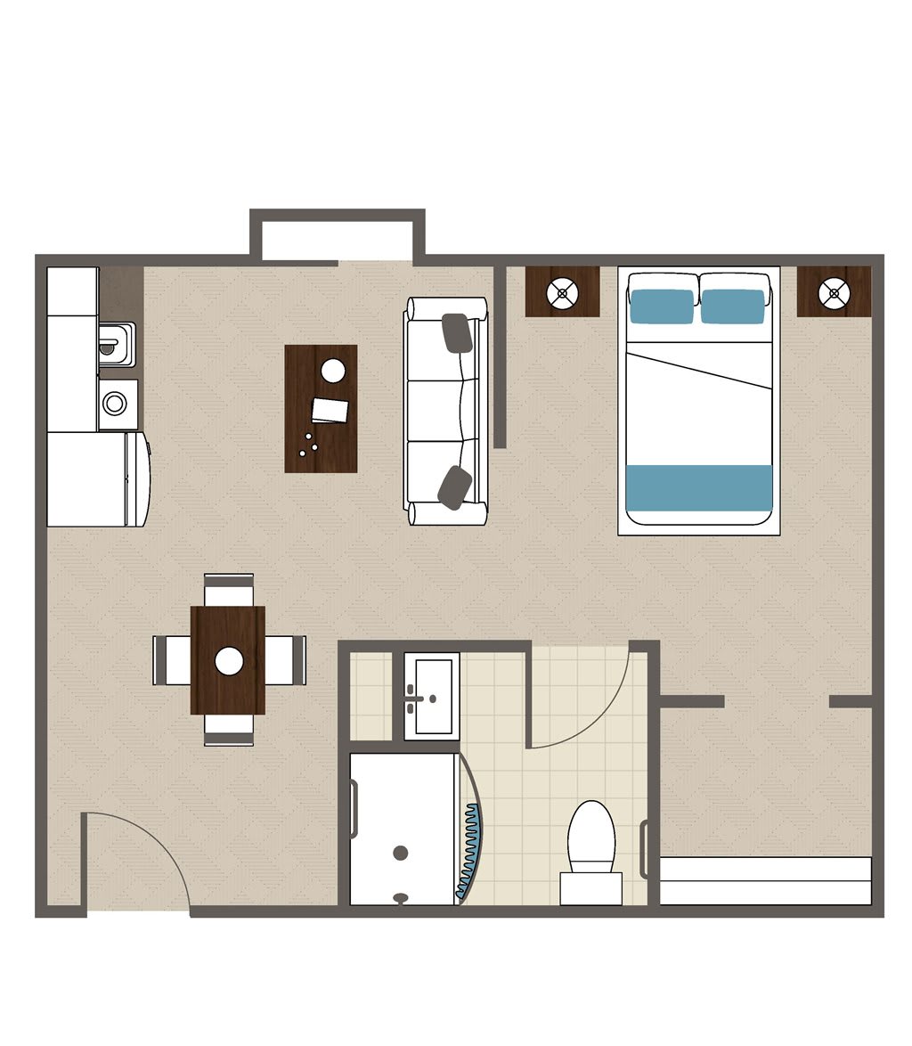 This image depicts a floor plan of a one-bedroom apartment, showcasing the layout of the living room, kitchen, and bathroom.