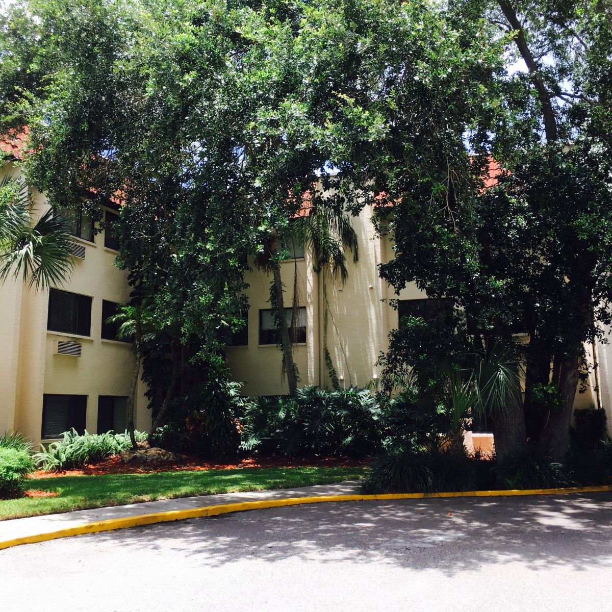 A residential building surrounded by lush greenery and mature trees.