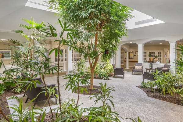 A serene indoor courtyard filled with lush greenery and comfortable seating.