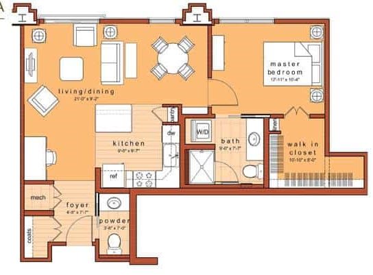 A detailed floor plan of a one-bedroom apartment including living room, kitchen, bathroom, and walk-in closet.