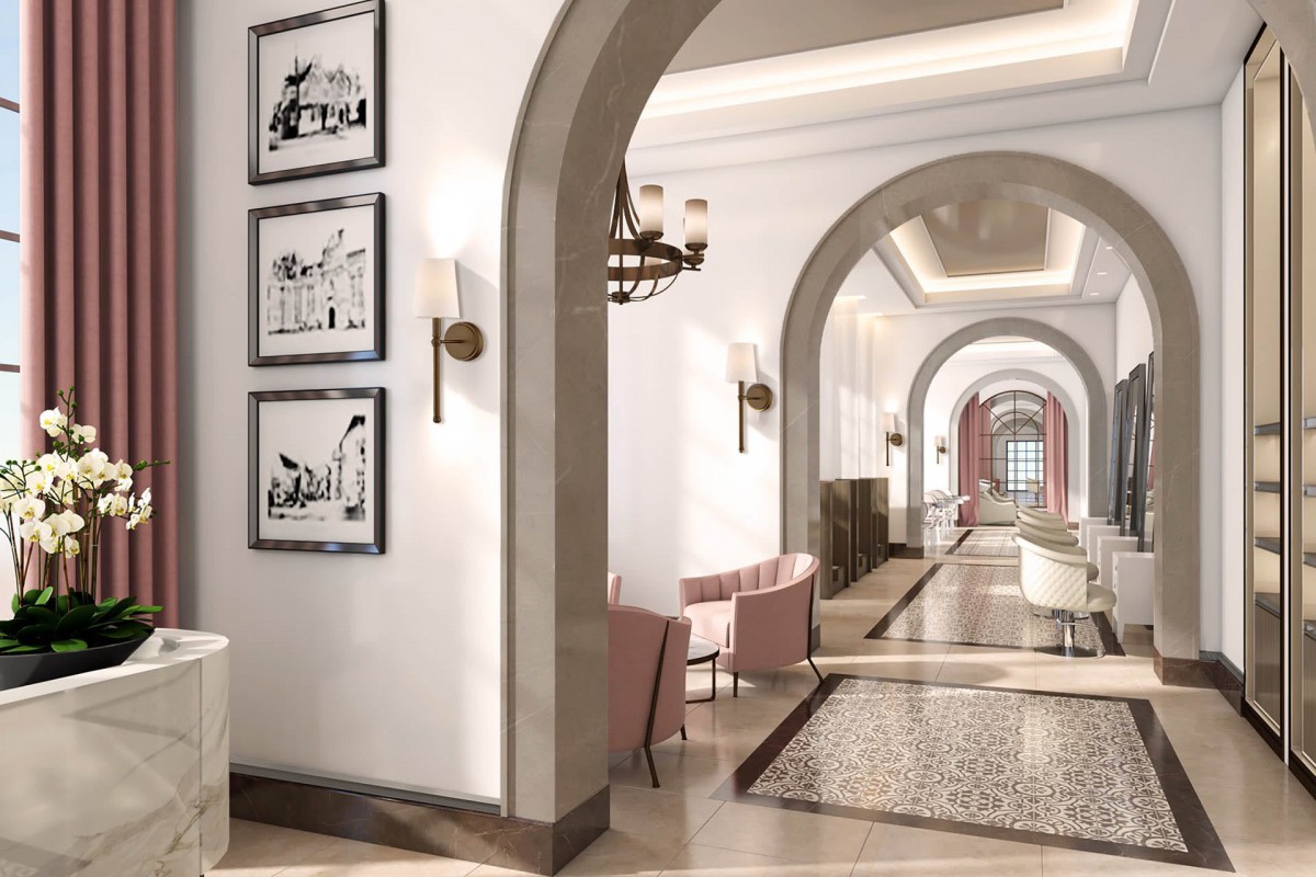 A modern and elegant hallway featuring archways and contemporary artwork on the walls.