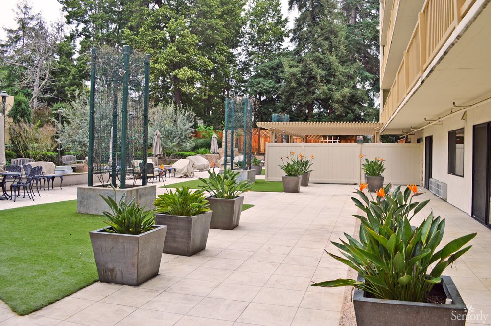 A well-maintained outdoor patio area with potted plants and greenery.