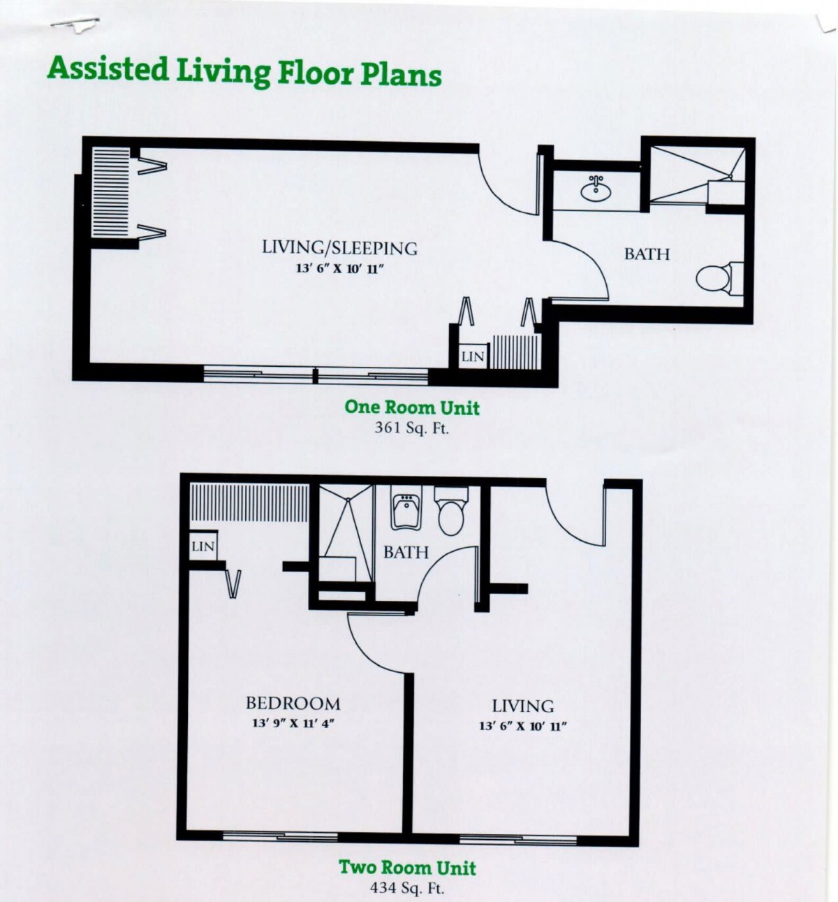 Assisted living floor plans showing one bedroom and two bedroom layouts.