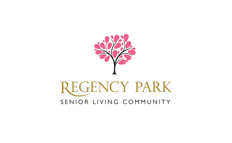 Logo for Regency Park Senior Living Community featuring a tree with pink flowers.