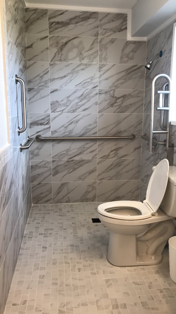 An accessible bathroom with marble tiles, featuring a toilet and shower area equipped with grab bars.