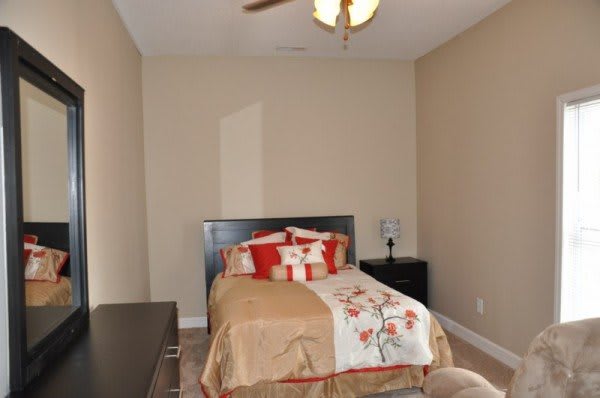 A cozy bedroom with a single bed and neutral decor.