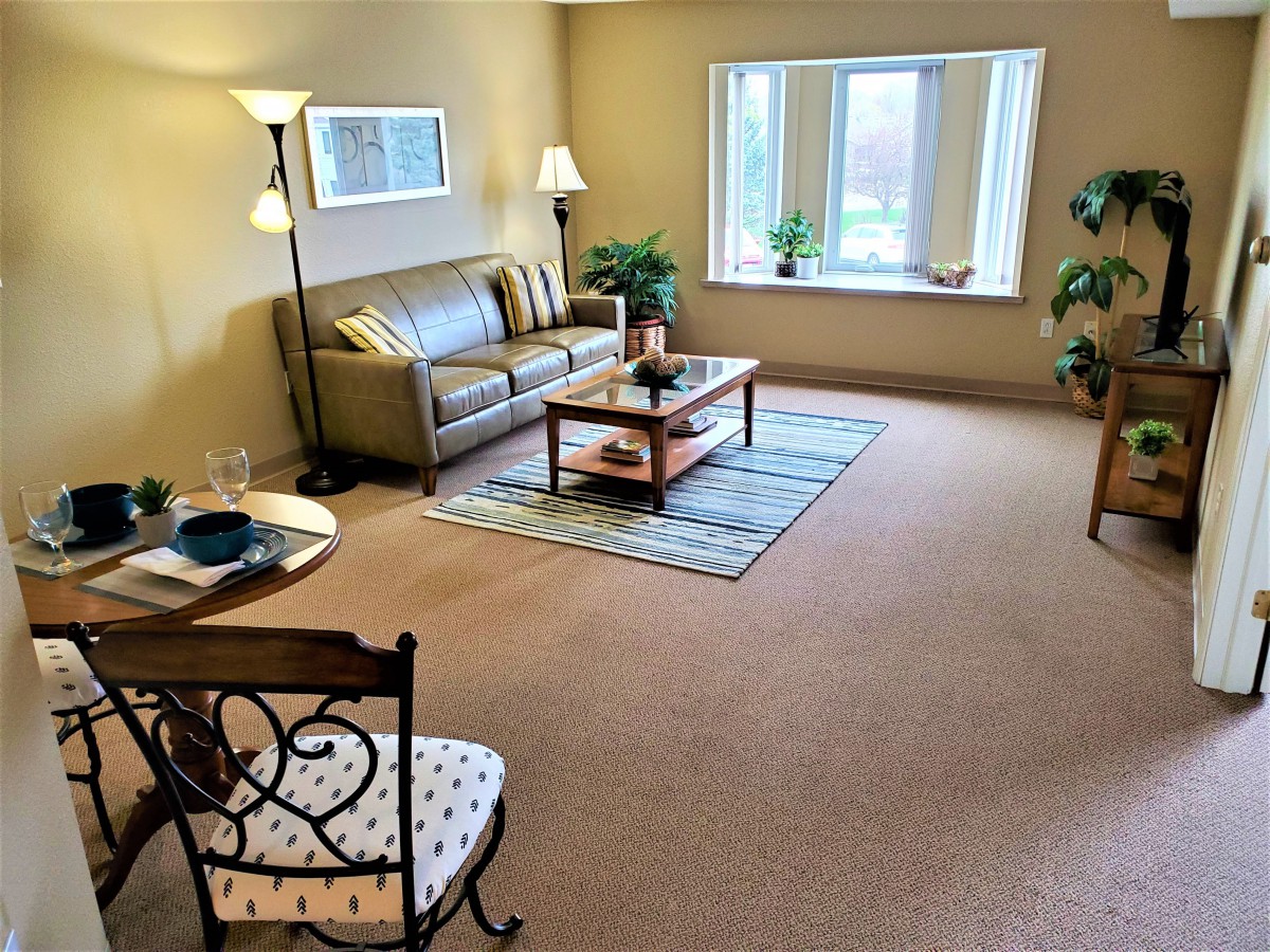 A cozy living room with a sofa, coffee table, and various plants.