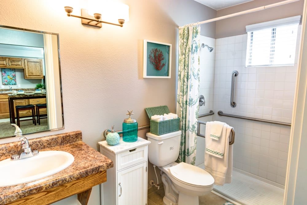 A well-lit bathroom with a shower, toilet, and sink featuring modern decor.