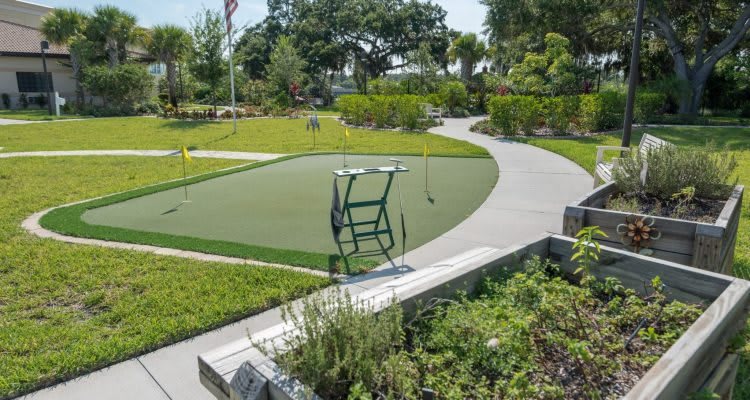 A serene park with lush greenery and winding pathways.