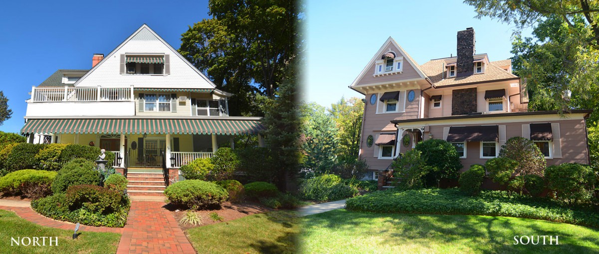 A side-by-side view of two charming residential houses surrounded by lush gardens.
