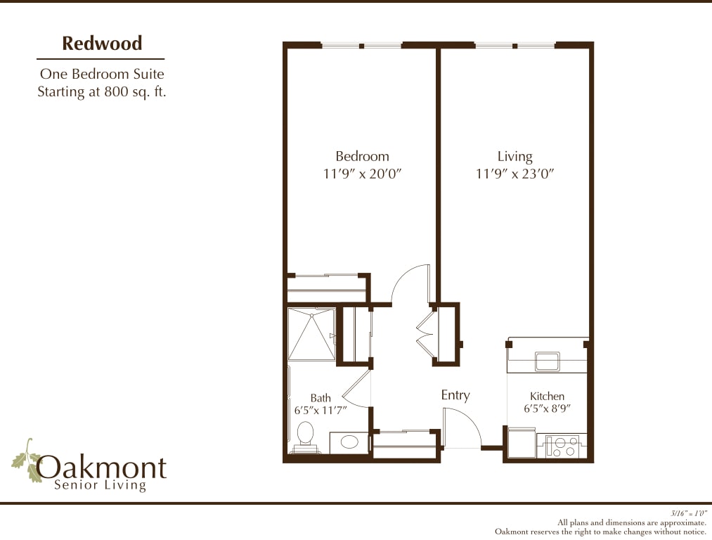 A floor plan of a one-bedroom apartment featuring a living room and kitchen area.