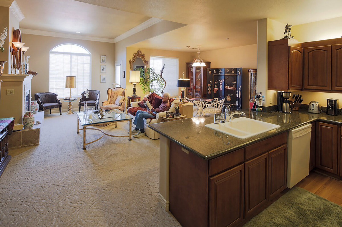A spacious open-plan apartment with a cozy living room and adjacent kitchen area.