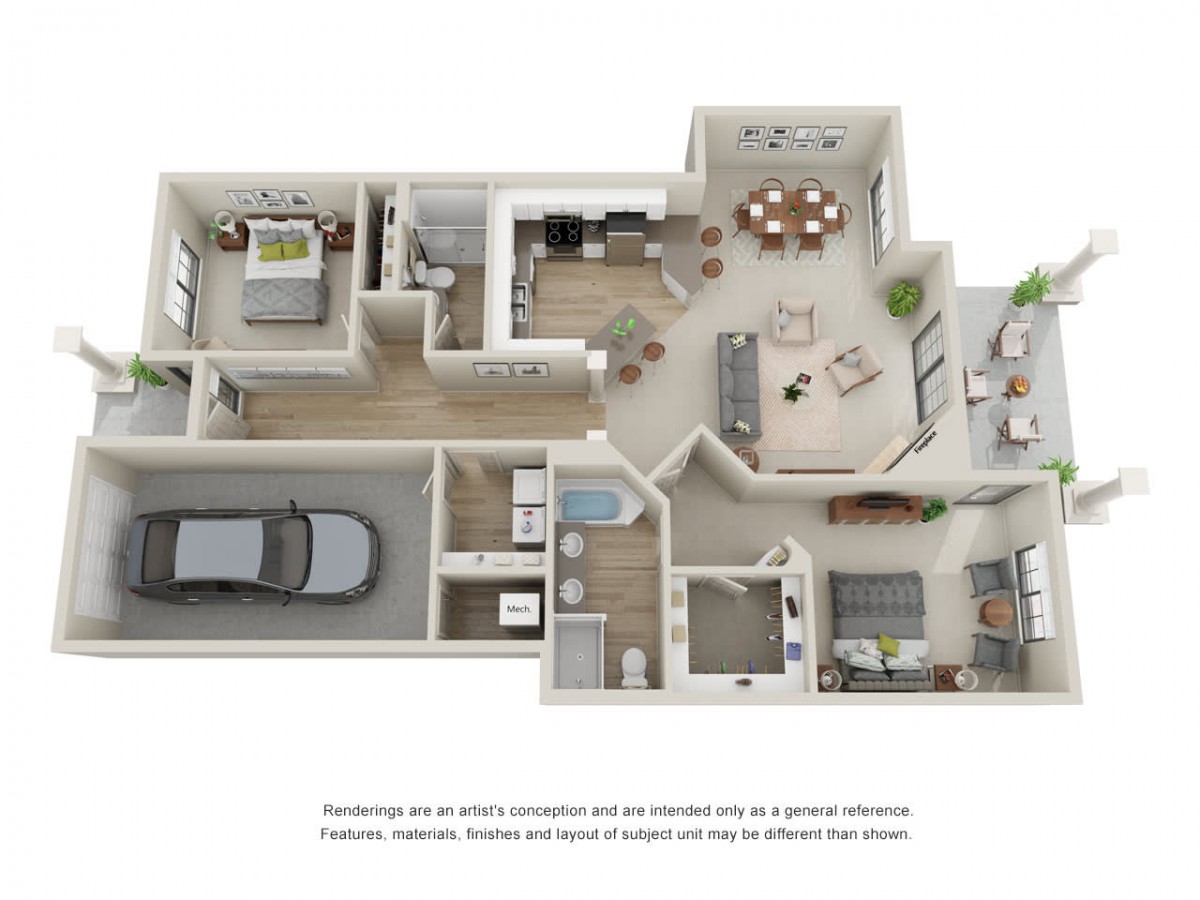 3D floor plan of a modern apartment with two bedrooms, open living and dining area, kitchen, bathrooms, and garage.