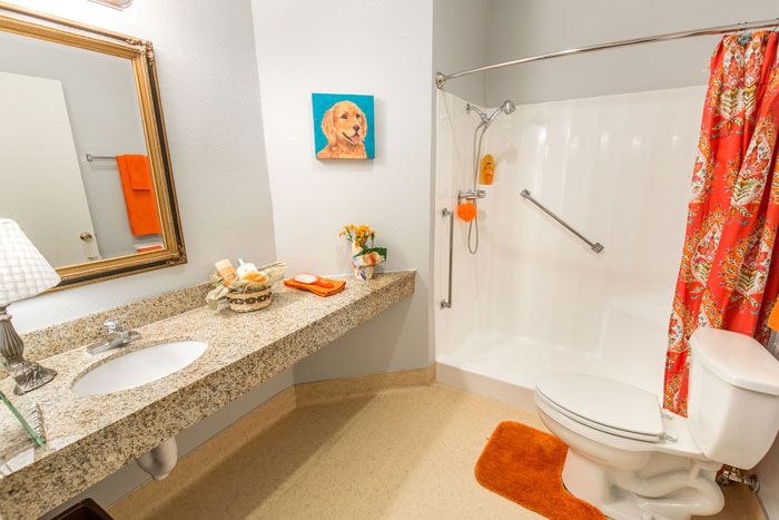 A well-decorated and accessible bathroom with a shower, toilet, and sink, featuring orange accents and artwork on the wall.