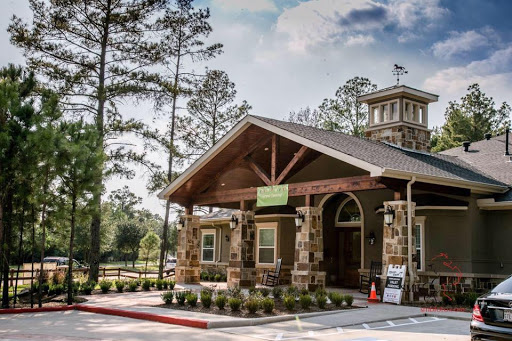 A charming community center set amidst tall trees, featuring a rustic wooden design.