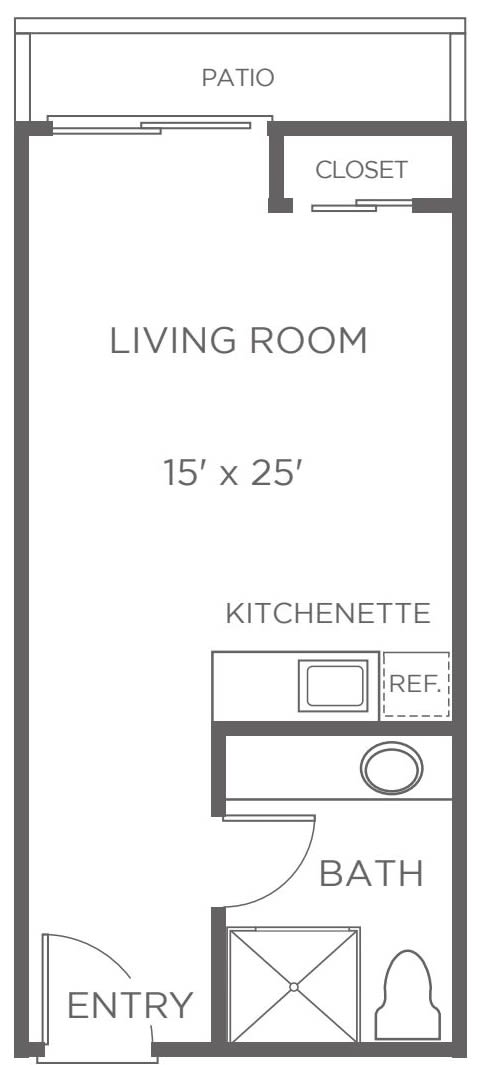 Floor plan showing a living room with dimensions and a kitchenette.