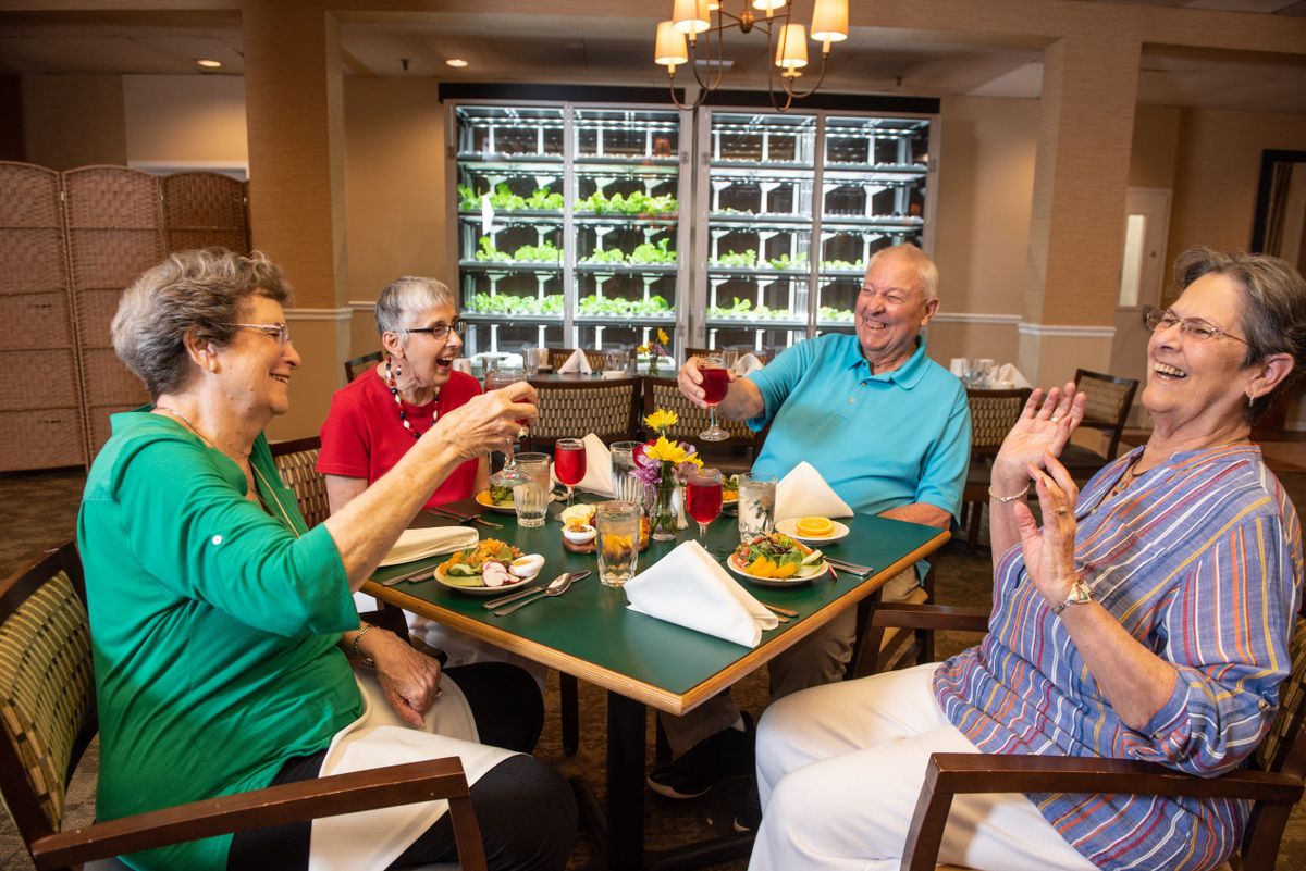 A group of seniors enjoying a meal together and raising glasses in a cheerful setting.
