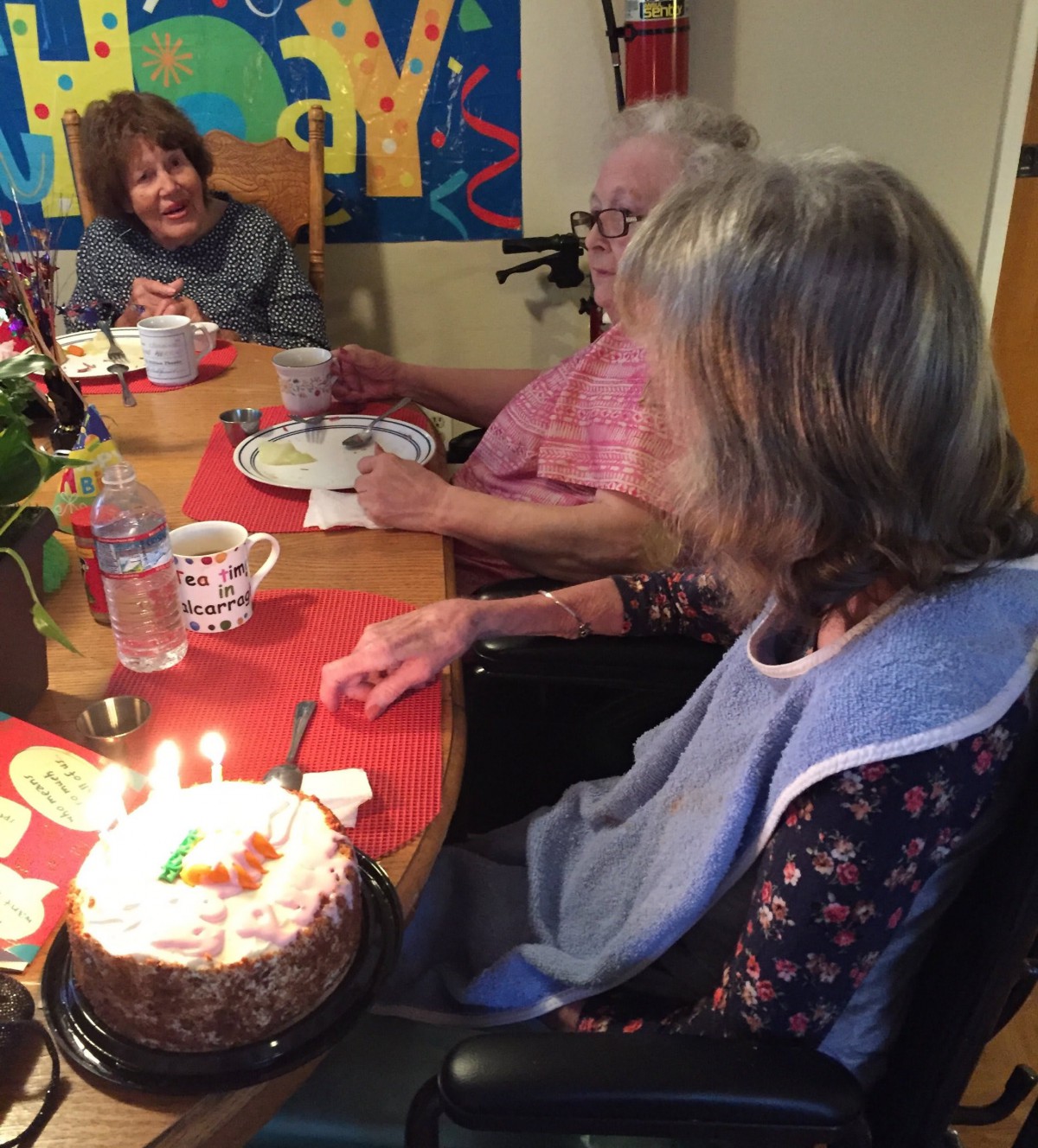 Elderly individuals celebrating a birthday with a cake and candles at the table.