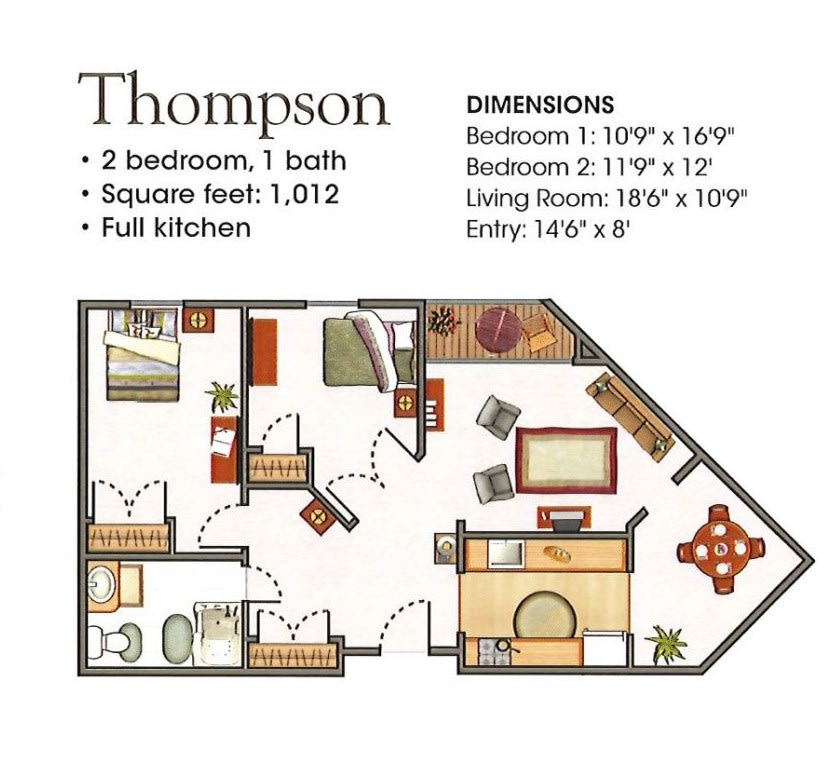 A floor plan for a Thompson apartment featuring 2 bedrooms, 1 bath, and a full kitchen with a total area of 1,012 square feet.