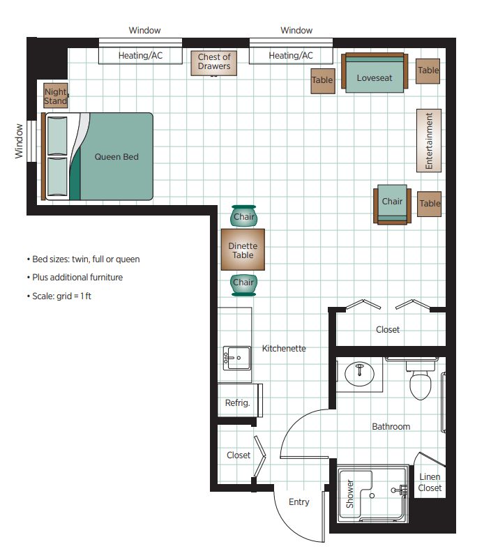 A detailed floor plan of a one-bedroom apartment, featuring a living room, kitchen, bathroom, and bedroom.