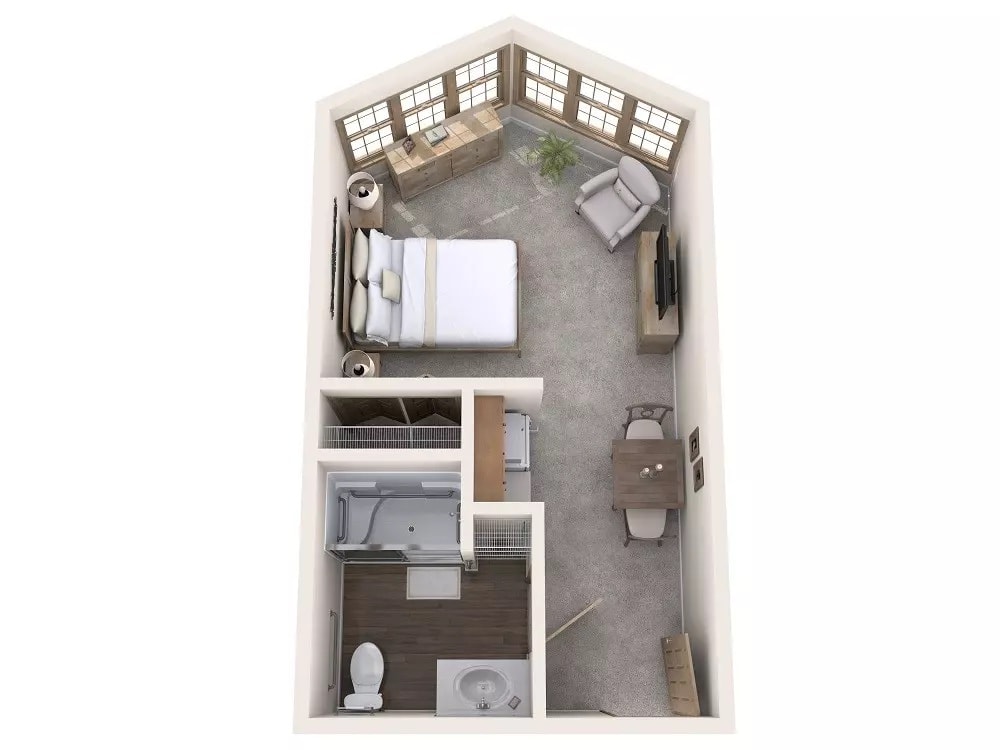 3D floor plan of a compact apartment featuring a bedroom, living area, and bathroom.