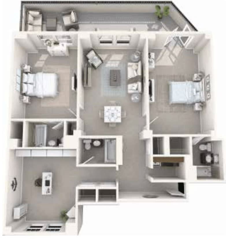 A 3D floor plan of a two-bedroom apartment with a living room, kitchen, and bathrooms.