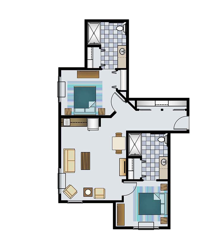 A floor plan of a two-bedroom apartment showing the layout of rooms and amenities.