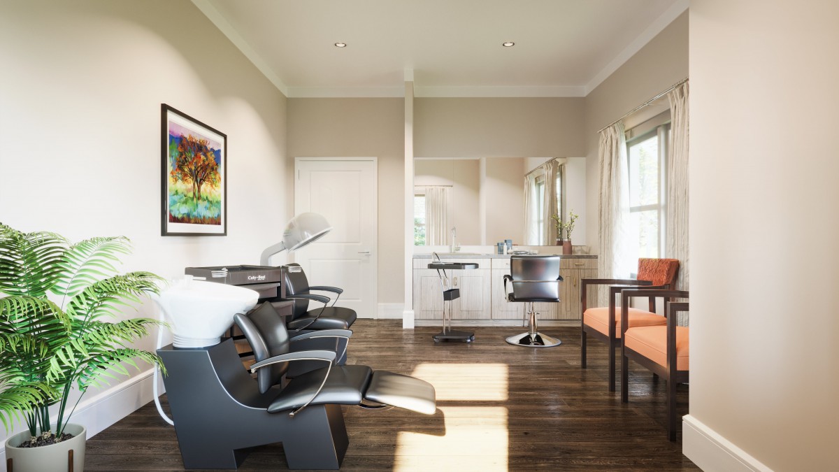 A modern and minimalist hair salon interior with styling chairs and mirrors.