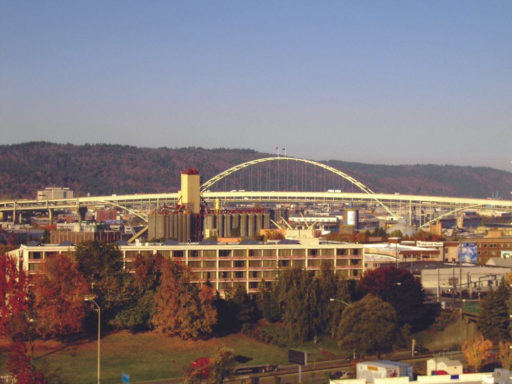 A scenic view of a bridge spanning across a city, with buildings and greenery visible in the foreground.