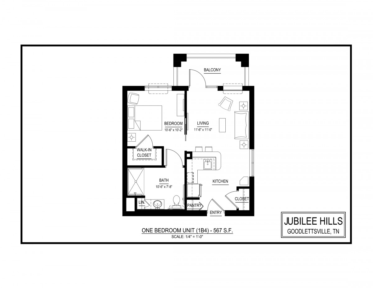 One-bedroom apartment floor plan layout.