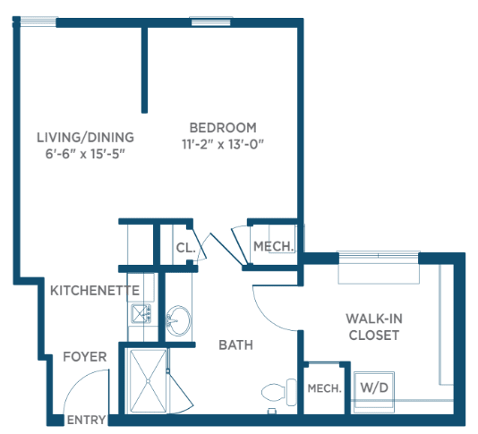 A one-bedroom apartment floor plan featuring a living/dining area, kitchenette, bathroom, walk-in closet, and foyer.