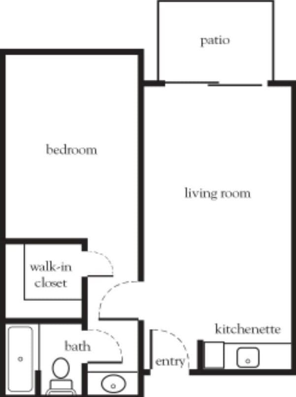 A floor plan of an apartment featuring a bedroom, living room, walk-in closet, and kitchenette.