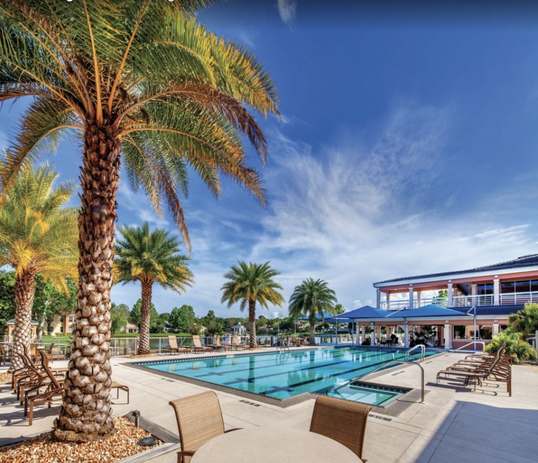 A sunny day at a resort with a swimming pool surrounded by palm trees and seating areas.