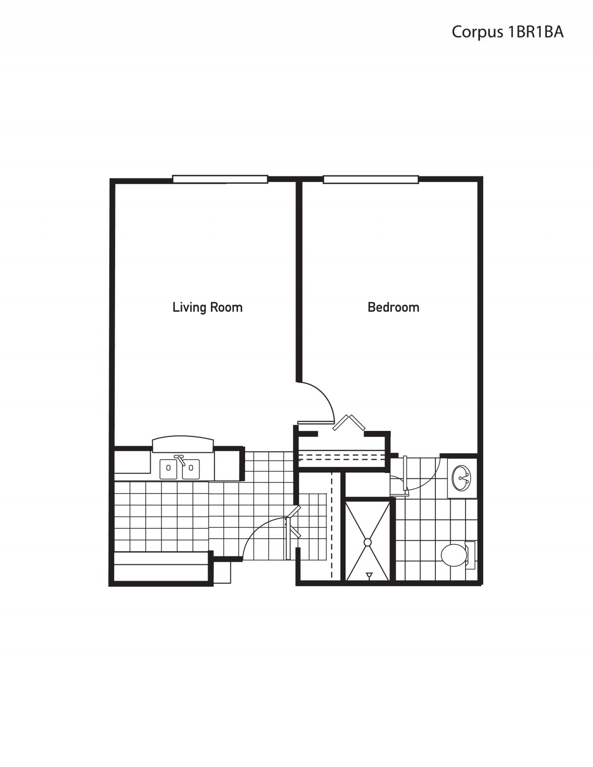 A simple floor plan of a one-bedroom apartment with designated living room, kitchen, and bathroom areas.