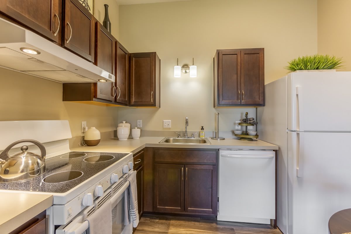 A cozy kitchen with dark wooden cabinets, a stove, and a dishwasher.
