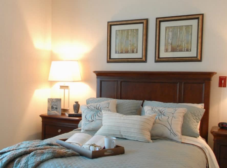 A cozy bedroom with elegant decor, featuring a neatly made bed adorned with several pillows, accompanied by framed artwork and a lamp on a bedside table.
