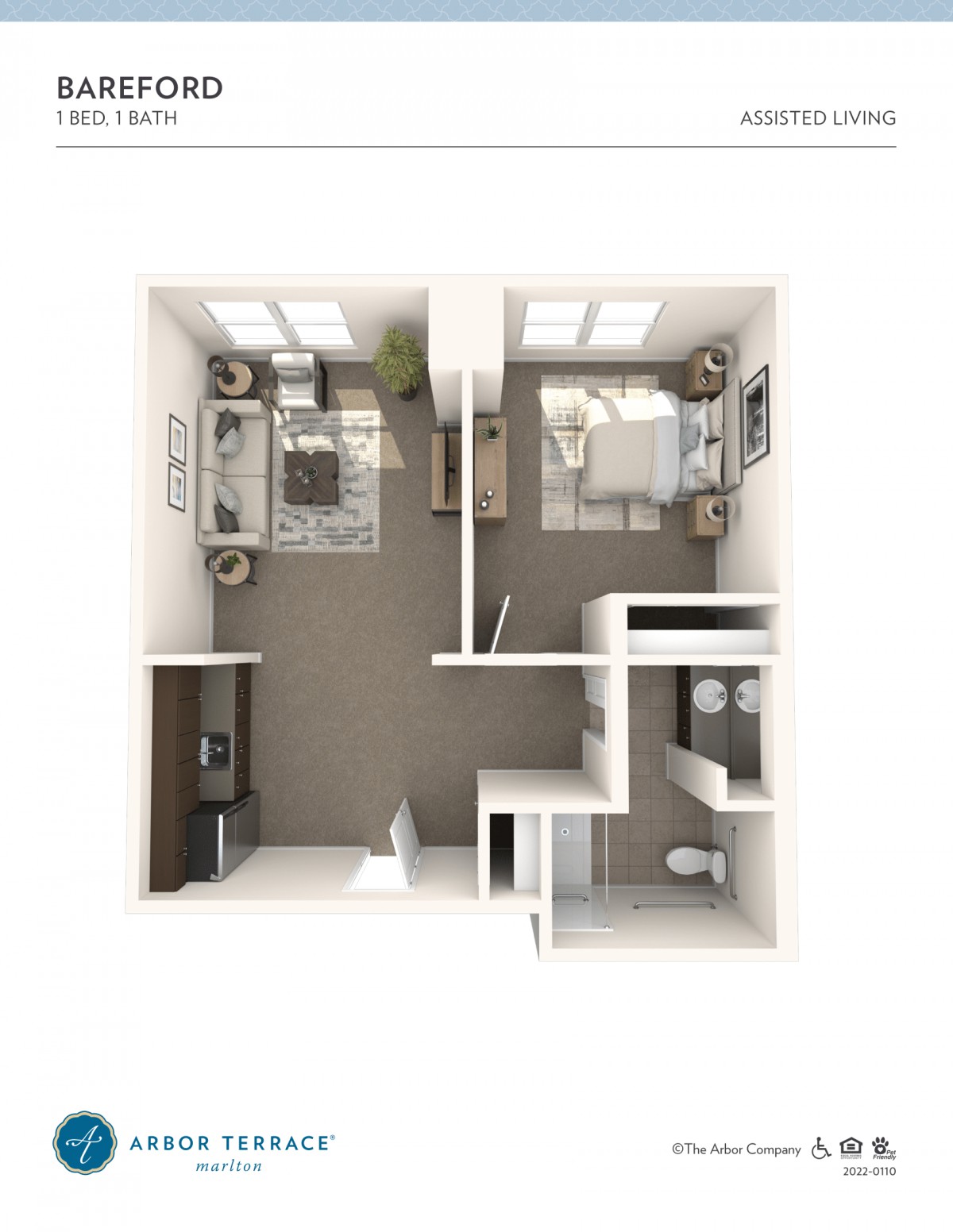 A top view of a one-bedroom apartment layout, showcasing the arrangement of rooms and furniture.