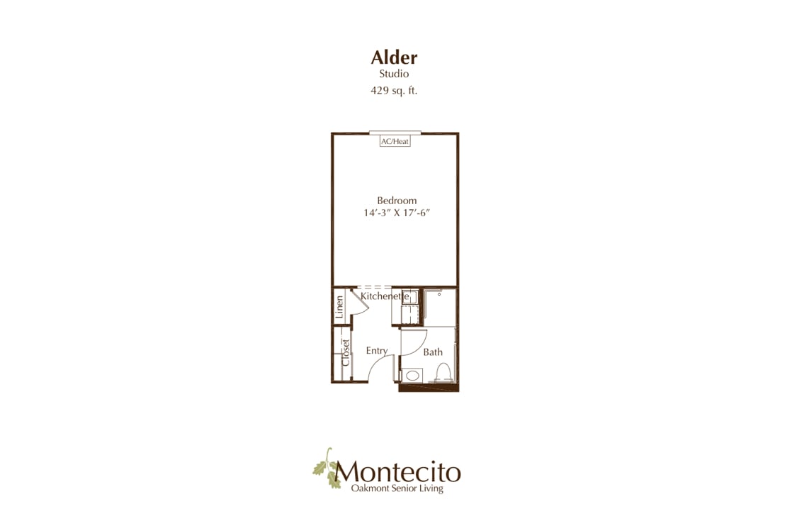 Studio apartment floor plan for Montecito, featuring a main living area, bathroom, and closet space.