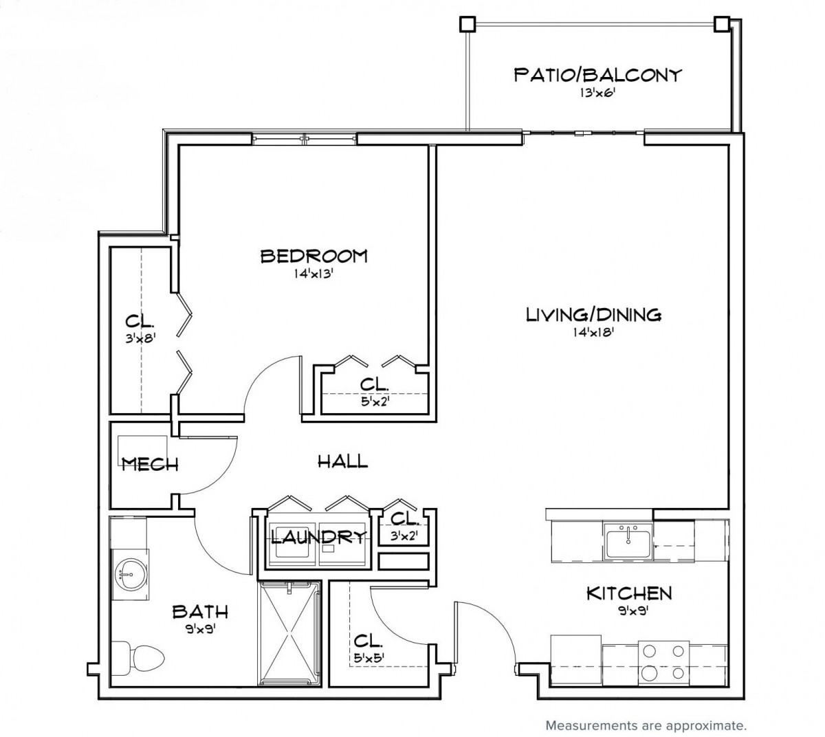 A floor plan of a one-bedroom apartment, featuring a kitchen, living/dining area, bathroom, laundry room, and patio/balcony.