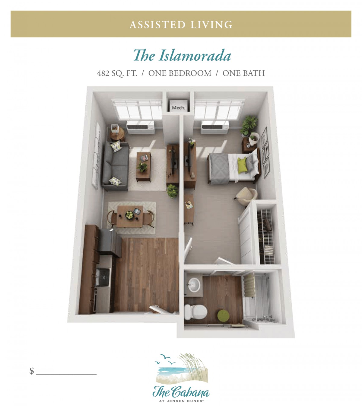 The 'Jasmine' floor plan features a compact one-bedroom apartment, including a living room, kitchen area, and bathroom in a 3D layout.