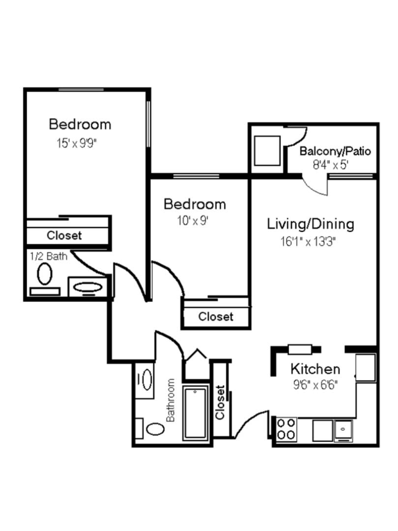 A floor plan of a two-bedroom apartment featuring a kitchen, living/dining area, bathroom, and balcony/patio.