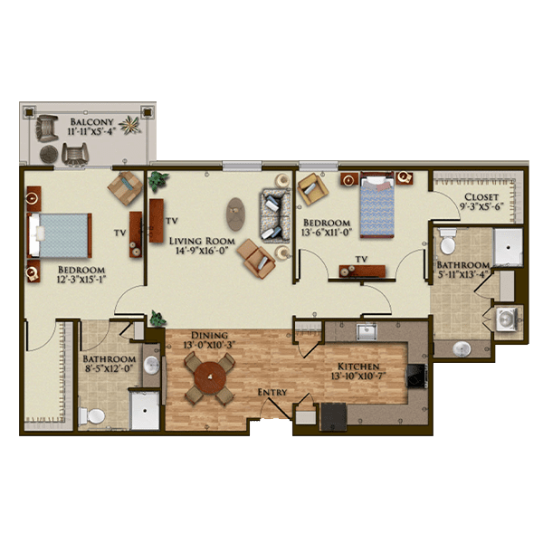 A 2-bedroom apartment floor plan with a living room, kitchen, bathroom, and balcony.