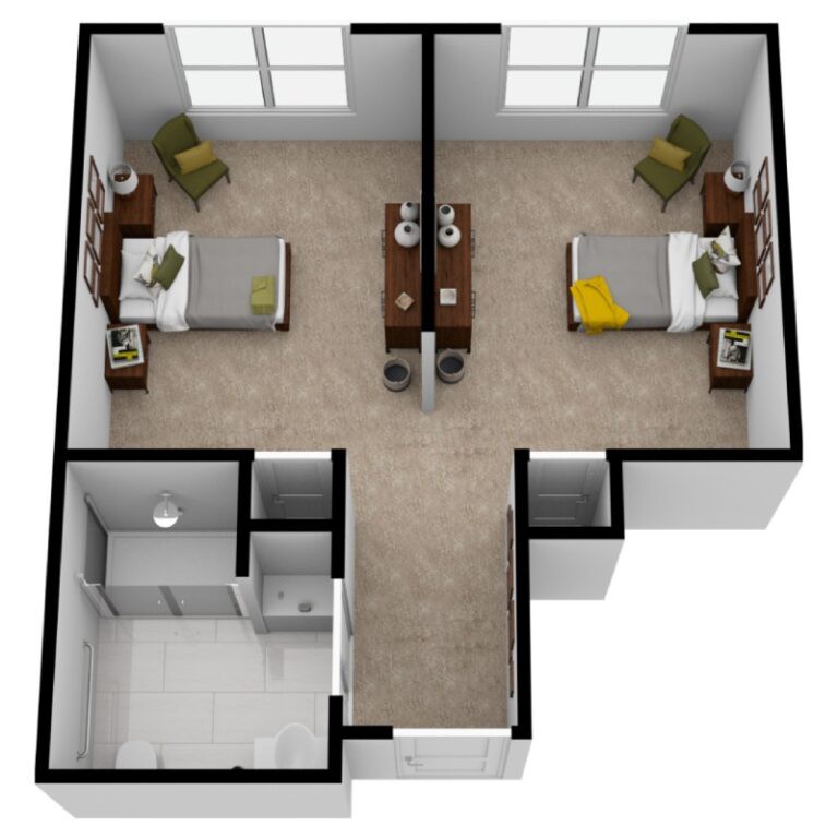 A 3D floor plan of a shared bedroom apartment with two beds and a central desk area.